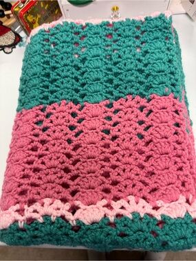 Handcrafted Teal and Pink Crochet Throw Blanket - Soft Accent Throw